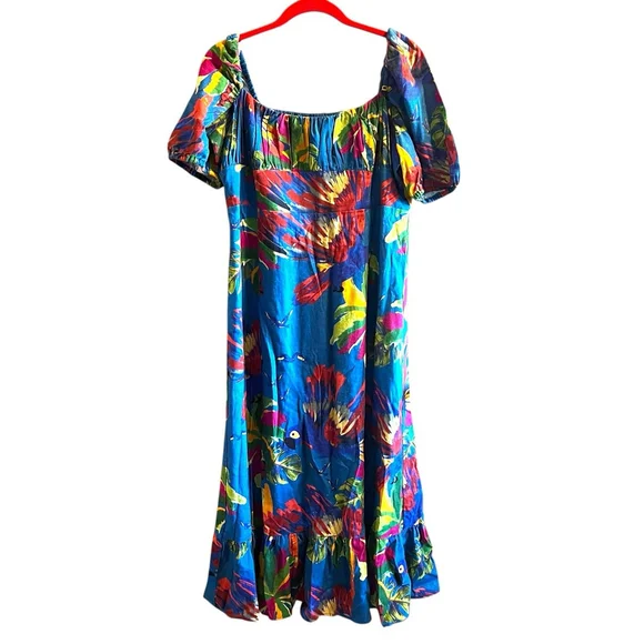 House of Harlow 1960 Large Tropical Parrot Linen Midi Dress Puff Sleeve Blue - Picture 2 of 11